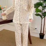 Conjunto de pijama holgado color albaricoque de 2 piezas con dibujo de conejo para mujeres, parte superior de manga larga con botones y pantalones largos, adecuado para uso en el hogar