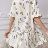 Vestido De Dormir Floral Con Botones Y Dobladillo Con Volantes