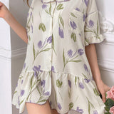 Vestido De Dormir Floral Con Botones Y Dobladillo Con Volantes