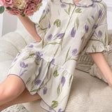 Vestido De Dormir Floral Con Botones Y Dobladillo Con Volantes