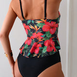 Swim Conjunto De Traje De Bano Tankini Para Mujer Con Blusa Estampada De Flores Y Top Con Aros, Y Bottom Liso, Para El Verano, Playa, Viajes, Vacaciones, Piscina