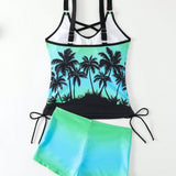 Swim Conjunto De Traje De Bano Tankini Ombre Con Impresion De Palmera De Coco