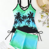 Swim Conjunto De Traje De Bano Tankini Ombre Con Impresion De Palmera De Coco