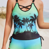 Swim Conjunto De Traje De Bano Tankini Ombre Con Impresion De Palmera De Coco