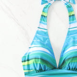 Swim Vcay 2 piezas/set Conjunto de tankini con cuello halter fruncido con gradiente de colores y Bottom de triangulo solido