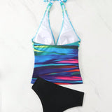 Swim Vcay 2 piezas/set Conjunto de tankini con cuello halter fruncido con gradiente de colores y Bottom de triangulo solido