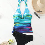 Swim Vcay 2 piezas/set Conjunto de tankini con cuello halter fruncido con gradiente de colores y Bottom de triangulo solido