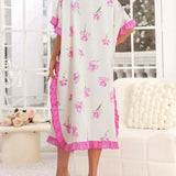 Vestido De Dormir Suelto Para Mujer Con Mangas Anchas, Dobladillo De Volantes De Color Contrastante Y Estampado Floral