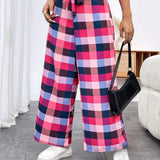 EZwear Pantalones Anchos A Cuadros Con Decoracion De Lazo