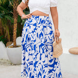 VCAY Plus Size Tropical Plant Print Splicing Midi Skirt For Summer Beach Vacation