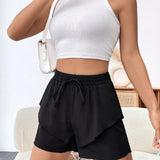 NEW Shorts De Doble Capa De Color Solido Con Cintura Elastica Para Mujeres