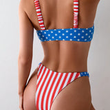 Swim Conjunto de sujetador con cordones y bikini con patron de bandera de la playa para verano, conjunto de bikini para el 4 de julio