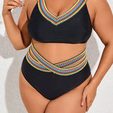 Swim Curve Conjunto de traje de bano tejido con cinta con estampado de rayas y correas para mujer de talla grande, bikini de dos piezas de cintura alta con recorte, traje de bano para playa de verano y vacaciones