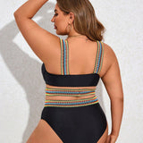 Swim Curve Conjunto de traje de bano tejido con cinta con estampado de rayas y correas para mujer de talla grande, bikini de dos piezas de cintura alta con recorte, traje de bano para playa de verano y vacaciones