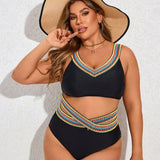 Swim Curve Conjunto de traje de bano tejido con cinta con estampado de rayas y correas para mujer de talla grande, bikini de dos piezas de cintura alta con recorte, traje de bano para playa de verano y vacaciones