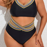 Swim Curve Conjunto de traje de bano tejido con cinta con estampado de rayas y correas para mujer de talla grande, bikini de dos piezas de cintura alta con recorte, traje de bano para playa de verano y vacaciones