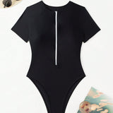 Swim Chicsea Traje de bano de una pieza para mujer con cremallera frontal y mangas cortas para la playa de verano