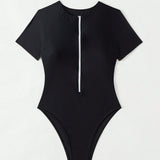 Swim Chicsea Traje de bano de una pieza para mujer con cremallera frontal y mangas cortas para la playa de verano