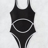 Swim Vcay Traje De Bano De Una Pieza Para Mujer Con Ribete De Contraste Y Diseno Con Cortes Para Verano, Playa, Natacion, Vacaciones