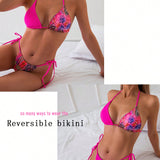 Swim Conjunto De Bikini Reversible Para Mujer Con Traje De Bano Separado De Empalme Impreso, Traje De Bano De Dos Piezas De Bikini De Cuerda, Traje De Bano Para El Verano, Atuendo De Playa