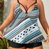 Swim Lushore Conjunto De Traje De Bano Cruzado De Talla Grande Con Patron Geometrico Y Hueco, Traje De Bano Tankini Para Playa De Verano