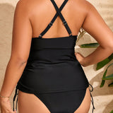 Swim Curve Conjunto tankini con huecos solidos en V para playa de verano en tallas grandes