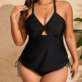 Swim Curve Conjunto tankini con huecos solidos en V para playa de verano en tallas grandes