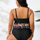 Swim Curve Conjunto de tankini de talla grande con estampado floral contrastante y dobladillo de volantes sin mangas