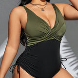 Swim Chicsea Traje De Bano De Una Sola Pieza Para Mujer De Talla Grande Con Bloque De Color Y Detalle De Nudo Retorcido, Traje De Bano Perfecto Para La Playa En Vacaciones.