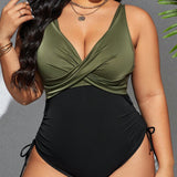 Swim Chicsea Traje De Bano De Una Sola Pieza Para Mujer De Talla Grande Con Bloque De Color Y Detalle De Nudo Retorcido, Traje De Bano Perfecto Para La Playa En Vacaciones.