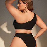 Swim Curve Conjunto De Traje De Bano De Un Solo Hombro Con Anillo Redondo Y Pliegues Para Tallas Grandes