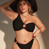 Swim Curve Conjunto De Traje De Bano De Un Solo Hombro Con Anillo Redondo Y Pliegues Para Tallas Grandes