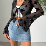 Cardigan Transparente Negro Con Estampado De Pentagrama Para Mujer