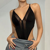 ICON Body De Malla Transparente Ajustado Con Parches Slit Y Tirantes Spaghetti