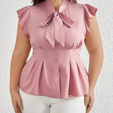 Top De Manga Acampanada Rosa Romantico Elegante De Verano De a Grande Con Pajarita, Cintura Cenida Y Forma De A, Blusa Elegante