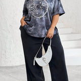CURVE+ Plus Size Tie Dye Sun & Moon Printed Loose Fit T-Shirt With Dropped Shoulder