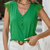 Frenchy Camiseta Con Cuello En V Y Manga Voladora De Encaje Para Mujer, Tops De Manga Corta De Verano, Tops Bonitos Bohemios, Traje Verde