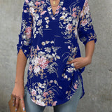 Clasi Camisa Con Cuello Sin Muescas Y Mangas Enrollables Con Diseno Floral