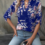 Clasi Camisa Con Cuello Sin Muescas Y Mangas Enrollables Con Diseno Floral