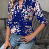 Clasi Camisa Con Cuello Sin Muescas Y Mangas Enrollables Con Diseno Floral