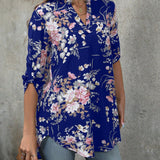 Clasi Camisa Con Cuello Sin Muescas Y Mangas Enrollables Con Diseno Floral