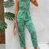 VCAY Tropical Printed Jumpsuit With Waist Belt