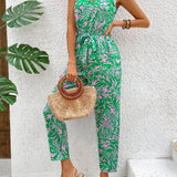 VCAY Tropical Printed Jumpsuit With Waist Belt