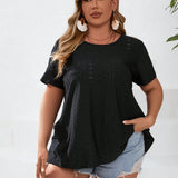 VCAY Plus Size Hollow Out Embroidery Detail Back Slit Short Sleeve T-Shirt