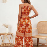 VCAY Sleeveless Wide Leg Printed Jumpsuit With Elastic Waistband