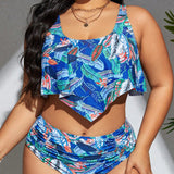 Swim Curve Conjunto De Bikini Con Estampado De Hojas Y Cuello Redondo En Talla Grande