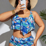 Swim Curve Conjunto De Bikini Con Estampado De Hojas Y Cuello Redondo En Talla Grande