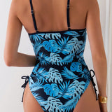 Swim Traje De Bano De Una Pieza De Estilo Bohemio Para Mujer Con Estampado De Plantas Tropicales Y Cintas Laterales Y Tirantes De Espagueti