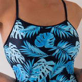 Swim Traje De Bano De Una Pieza De Estilo Bohemio Para Mujer Con Estampado De Plantas Tropicales Y Cintas Laterales Y Tirantes De Espagueti