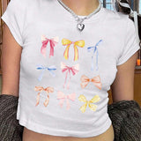 Qutie Camiseta De Manga Corta Para Mujeres Con Estampado De Mariposa Y Decoracion De Lazo